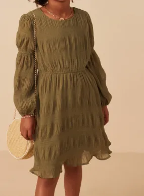 Pleated Peasant Sleeve Dress - Olive