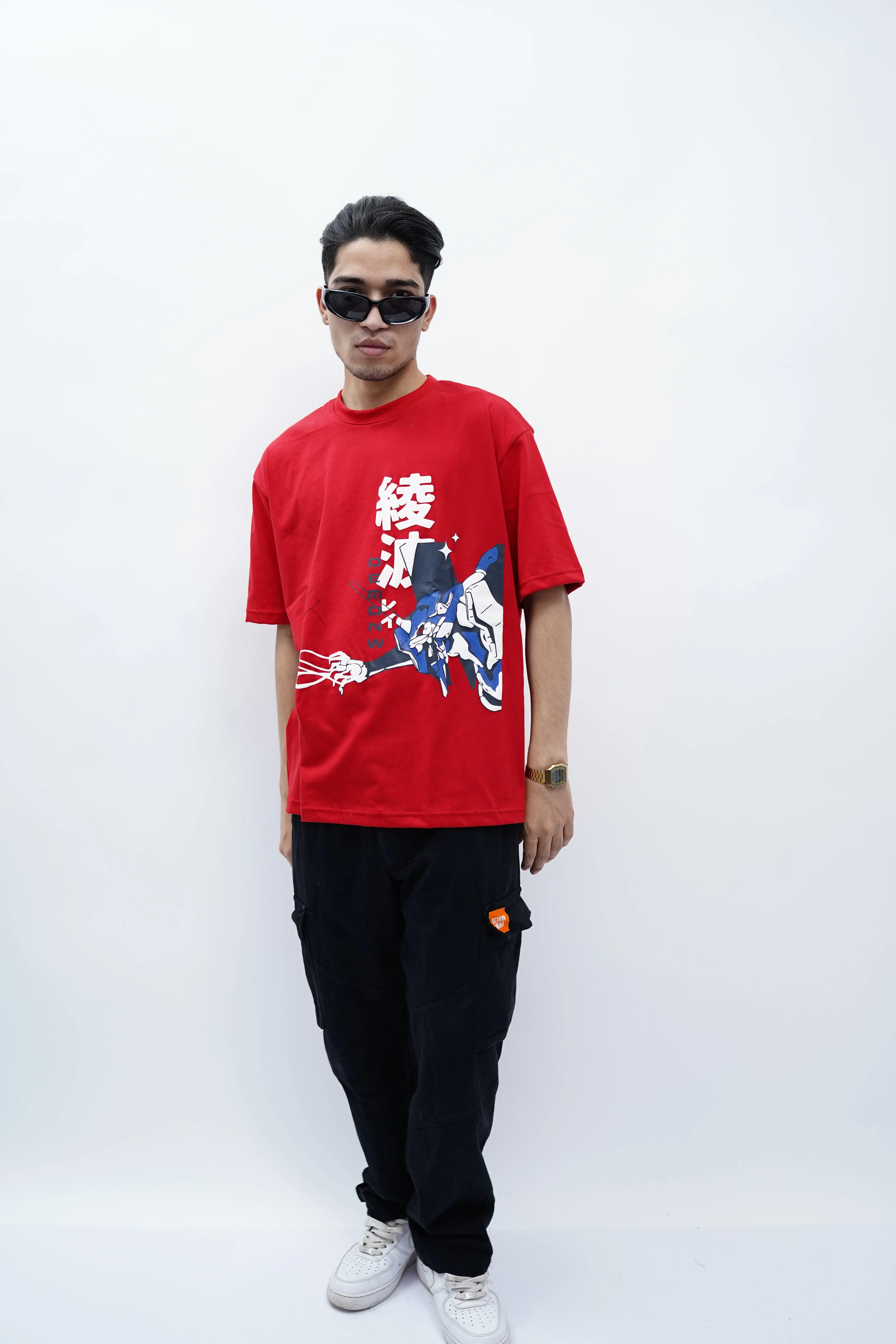 "Neon Genesis" Oversized Puff Print Red T-Shirt By DemonWear for Him