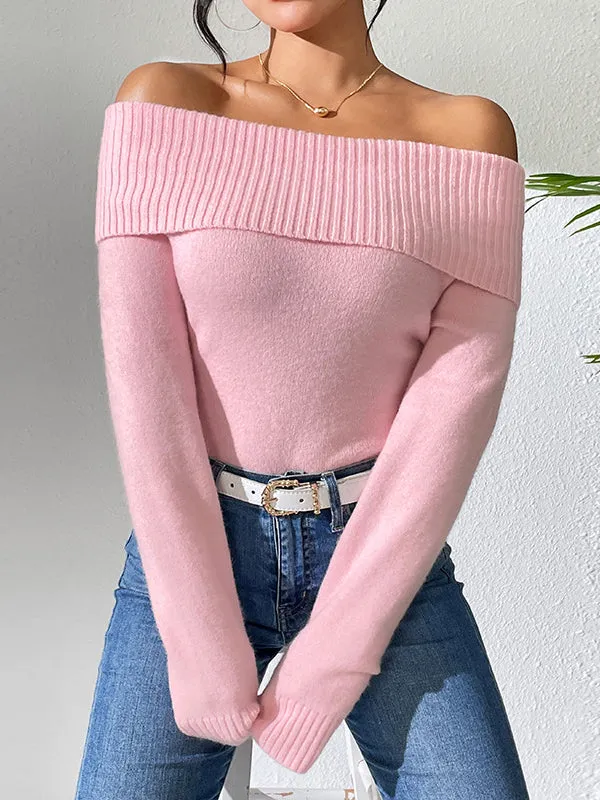 Solid Color Long Sleeves Off-The-Shoulder Sweater Tops Pullovers