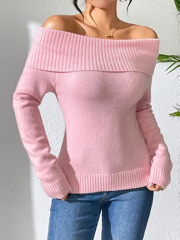 Solid Color Long Sleeves Off-The-Shoulder Sweater Tops Pullovers