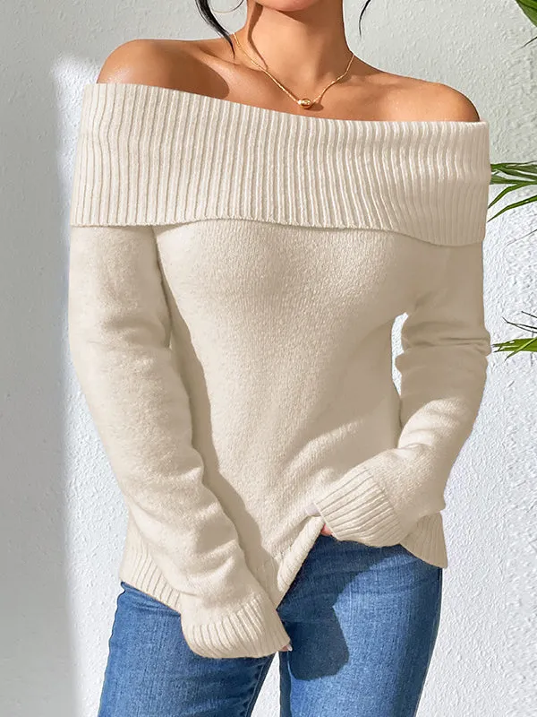 Solid Color Long Sleeves Off-The-Shoulder Sweater Tops Pullovers