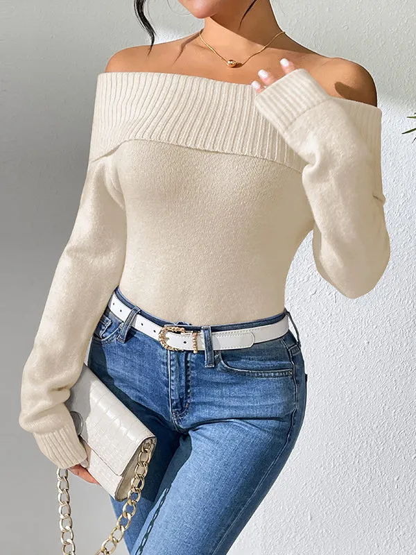 Solid Color Long Sleeves Off-The-Shoulder Sweater Tops Pullovers