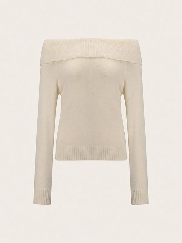 Solid Color Long Sleeves Off-The-Shoulder Sweater Tops Pullovers