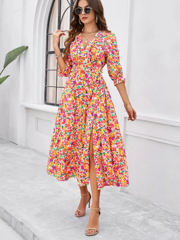 Spring and summer new holiday casual printed V-neck slit dress