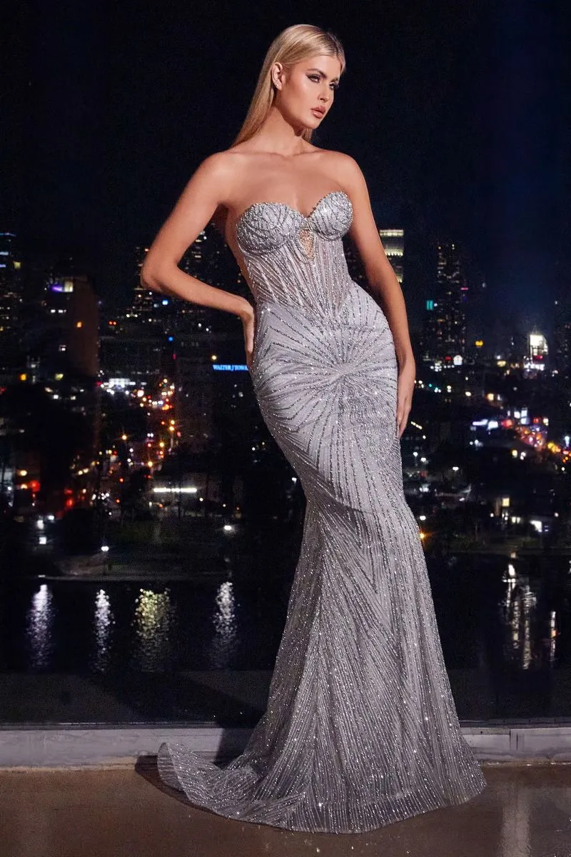 STRAPLESS SILVER EMBELLISHED GOWN