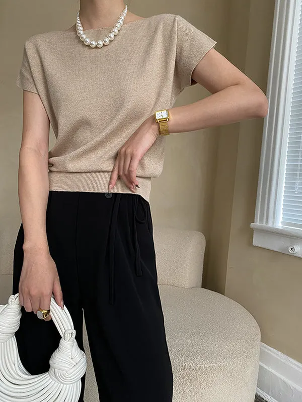 Stylish Loose Solid Color Boat Neck Knitwear Pullovers Tops