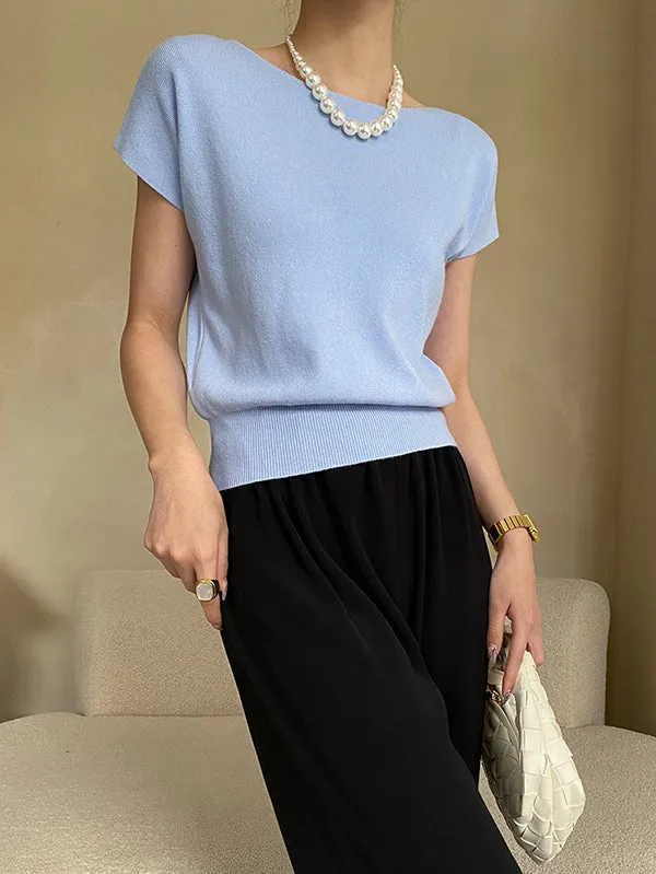 Stylish Loose Solid Color Boat Neck Knitwear Pullovers Tops