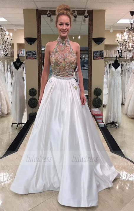 Two Piece White Satin Prom Dresses Long Beaded Evening Dresses