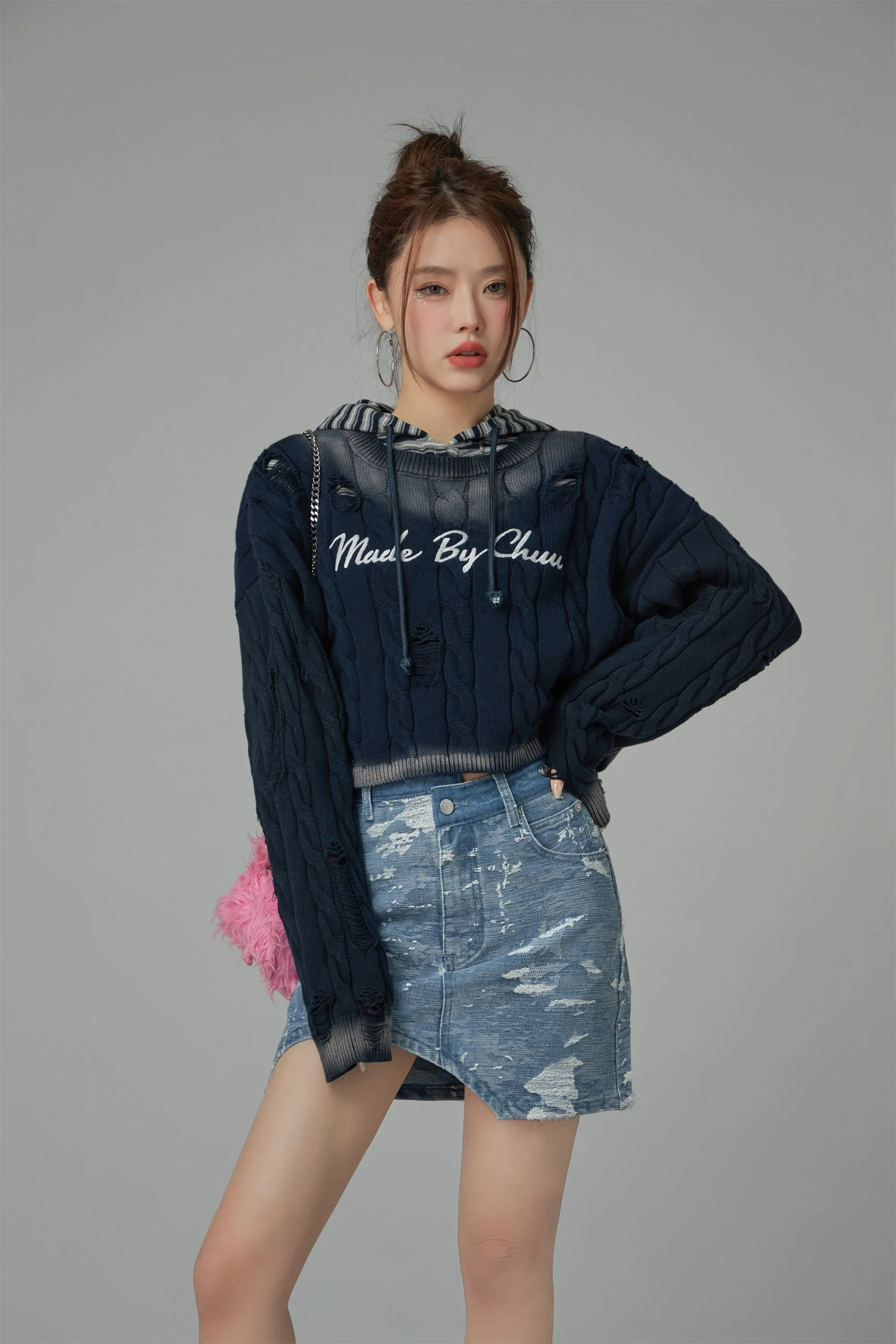 Washed Denim Unbalanced Mini Skirt