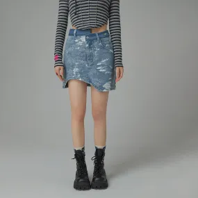 Washed Denim Unbalanced Mini Skirt