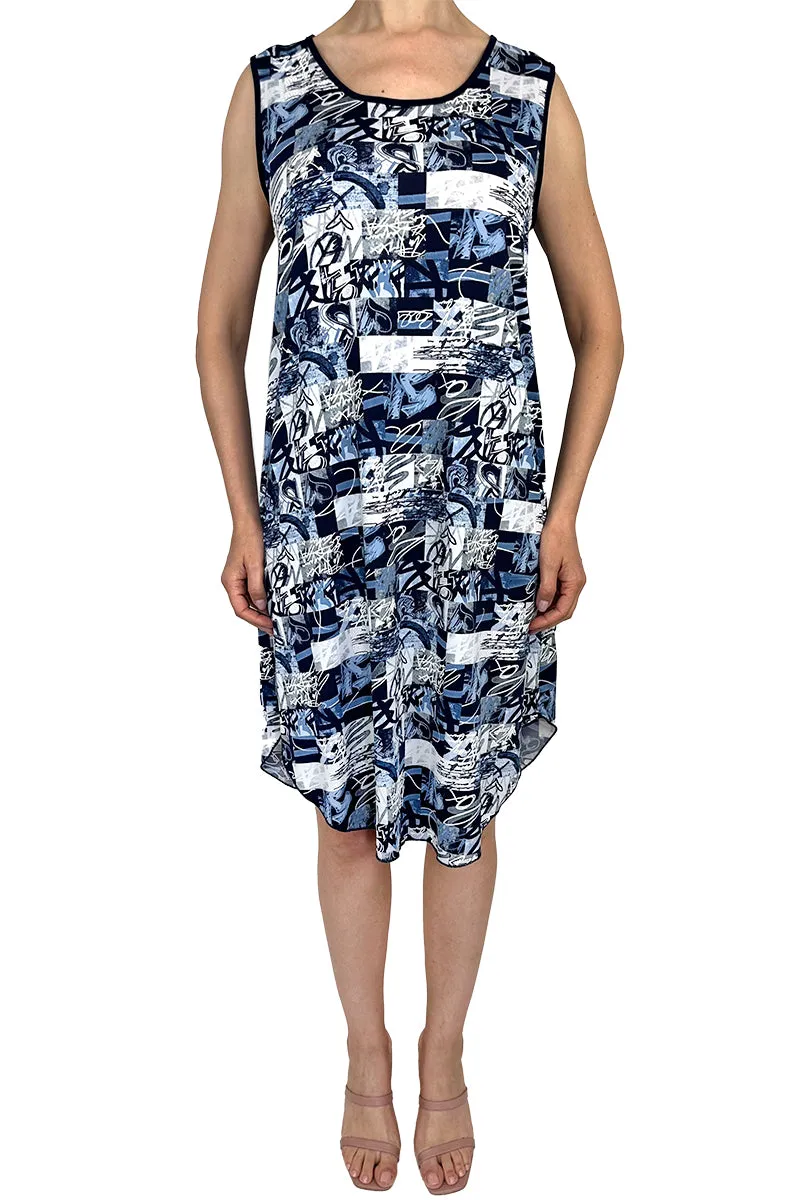 Women's Dresses On Sale Now 50% Off  Navy Geo Print Flattering Fit Made In Quality Stretch Knit fabric Easy Care Non Crease Stretch fabric Sizes S-XXLARGE  Now On Sale Quality Made In Canada Yvonne Marie Boutiques